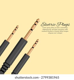 Audio Jack Plugs Flat Vector Illustration, Gold Plated TRS Connectors with Copy Space on Yellow Background