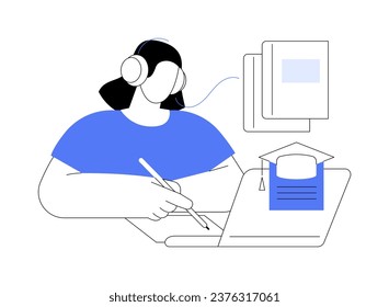 Audio lecture isolated cartoon vector illustrations. Girl in headphones listening to lecture and making notes, diversity of education methods, online degree, distance learning vector cartoon.