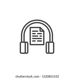 Audio lesson line icon. E-learning linear style sign for mobile concept and web design. Headphone with document file outline vector icon. Symbol, logo illustration. Vector graphics
