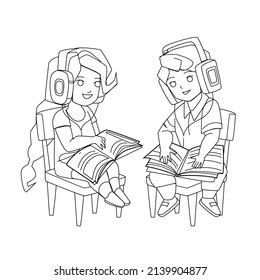 Audio Lesson Listening Children Together Black Line Pencil Drawing Vector. Preteen Boy And Girl Kids Listen Audio Lesson In Earphones And Reading Educational Book. Characters Schoolboy Schoolgirl