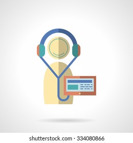 Audio lessons recording. Abstract person with headphones and recorder or player. Language learning. Flat color style vector icon. Web design element for site or mobile application.