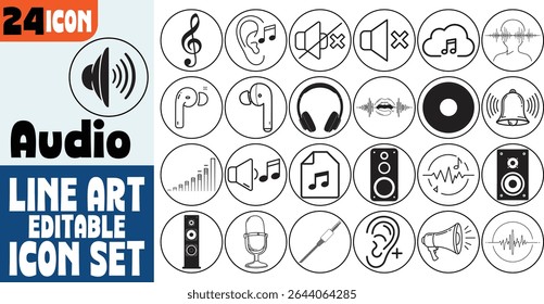 Audio Line Art Icon Set — 24 Editable Minimal Music, Sound, Speaker, Headphone, Microphone, Earphone, Wave Icons.eps
