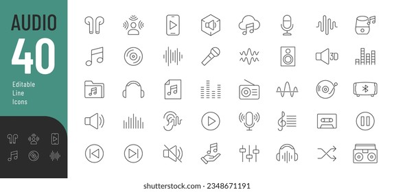 Audio Line Editable Icons set. Vector illustration in thin line style of modern sound related icons: recording equipment, players, speakers, sound waves, and more. Isolated on white