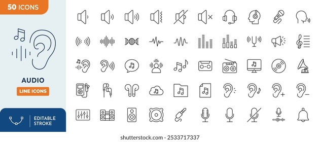 Conjunto de iconos editables de línea de audio. Iconos de audio Pixel perfecto.	
