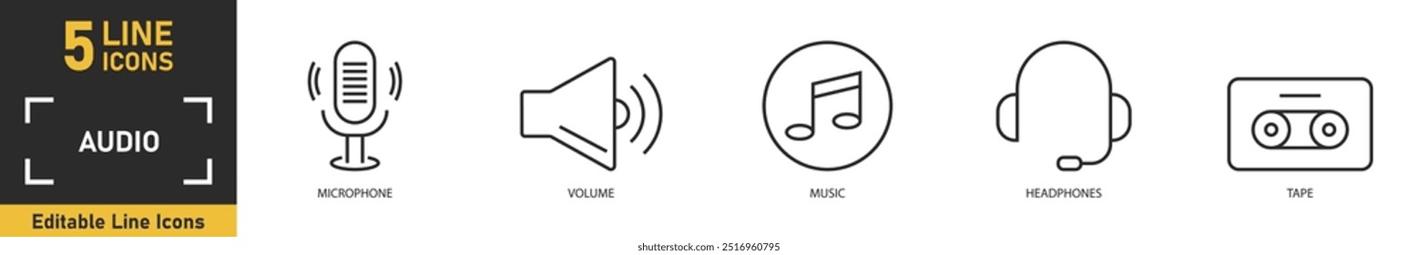 Audio line icon set. Set of 5 outline icons related to microphone, volume, music, headphones, tape and more. Vector illustration.