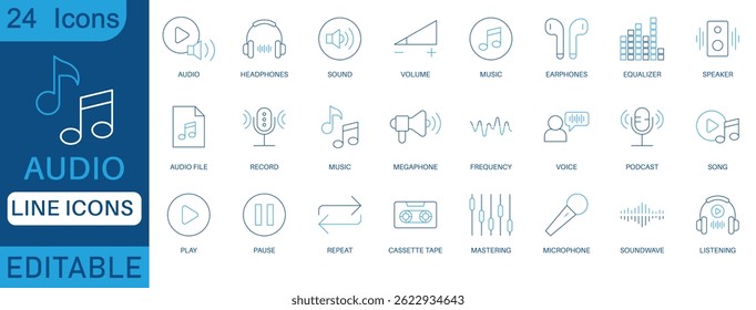 Audio line icon set. Containing headphones, sound, music, volume, earphones, equalizer and speaker icons. perfect icon collection.