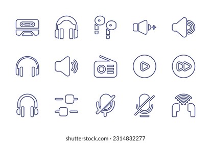 Audio line icon set. Editable stroke. Vector illustration. Containing cassette, headphone, earphone, volume, speaker, headphones, radio, play, forward, equalizer, mute, silent.