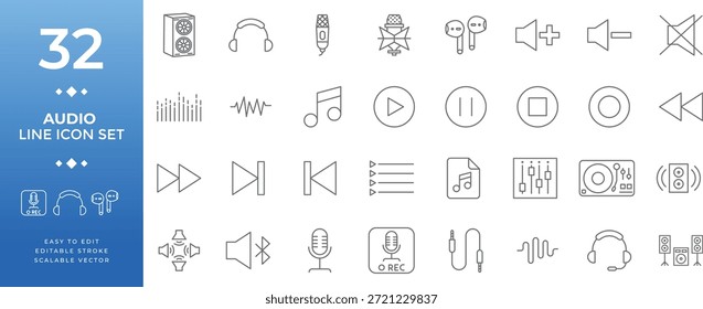 Audio line icon set featuring microphone, headphones, speaker, volume control, and music player symbols for web interfaces and mobile application layouts