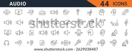Audio Line Icons Set, Editable Music and Sound Symbols for Headphones, Speakers, Microphones, Voice, Hearing and Audio Devices