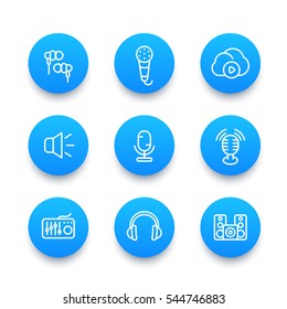 audio line icons set, sound mixing, microphones, recording, earbuds, headphones, speakers