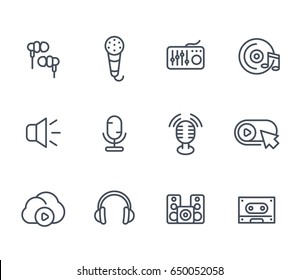 audio line icons, sound mixing, microphones, recording, earbuds, headphones, speakers, cassette tape pictograms on white