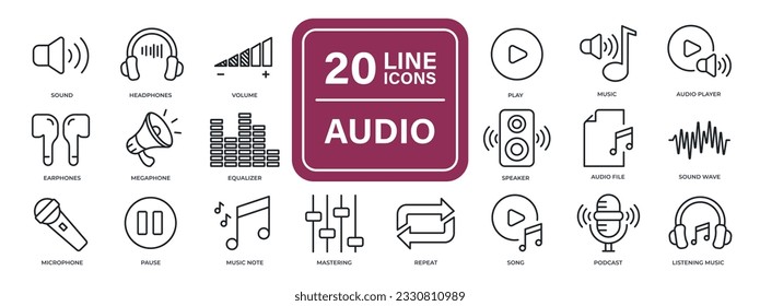 Audio line icons. For website marketing design, logo, app, template, ui, etc. Vector illustration.