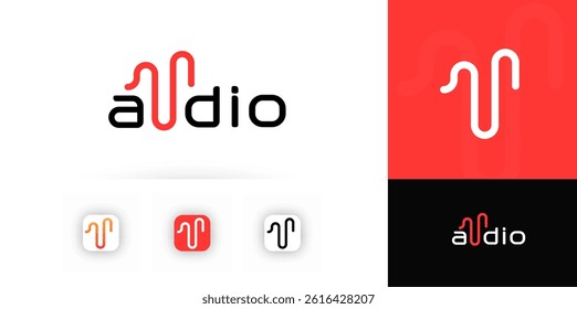 Audio Logo Design With Sound Wave Shape, Modern Typography And Red Black Color Palette. Creative Branding Concept. Vector logotype