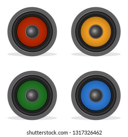Audio loud speaker with color diffuser isolated on white. Color speakers. Vector iilustration audio speaker.