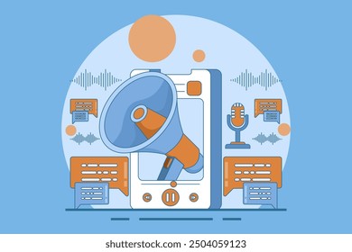 The audio marketing concept uses sound-based content, streaming podcasts, and other sound productions to promote brands. Audio advertising digital content strategy, flat vector illustration.