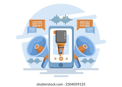 The audio marketing concept uses sound-based content, streaming podcasts, and other sound productions to promote brands. Audio advertising digital content strategy, flat vector illustration.