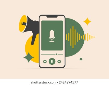 Estrategias de marketing de audio para campañas digitales. Publicidad de audio programática en podcasts, radio digital y servicios de transmisión de música. Ilustración vectorial aislada sobre fondo blanco con iconos