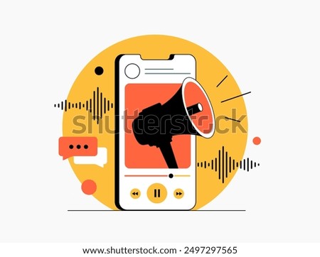 Audio Marketing uses sound-based content - podcasts, music streaming and other sounds production to promote brand. Audio advertising digital content strategy isolated on white vector illustration