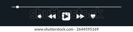 Audio media app widget with song duration bar. Music Mini Player user interface dark theme. Modern UI display element for podcast with pause, play, skip, favorite Buttons. Playback screen mockup