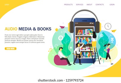 Audio media and books landing page website template. Vector illustration of smartphone with books and headphones, people listening to audiobooks from mobile device and computer. E-learning concept.