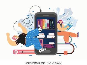 Audio media and books, vector flat illustration. Smartphone with books on shelves and people reading, listening to audiobooks. E-learning, mobile education concept for web banner, website page etc.