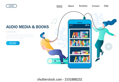 Audio media and books vector website template, web page and landing page design for website and mobile site development. People in headphones listening to audiobooks from mobile device.