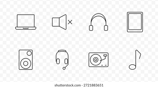 Icono de conjunto de dispositivos de audio y multimedia. Los iconos del ordenador portátil, del altavoz silencioso, de los auriculares, del disco, de la tableta, de la nota y del tocadiscos representan la salida de sonido, la escucha, la música y las funciones multimedia