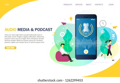 Audio media and podcast landing page website template. Vector illustration of smartphone with microphone on screen, people listening to podcast from mobile and computer while working or doing sport.