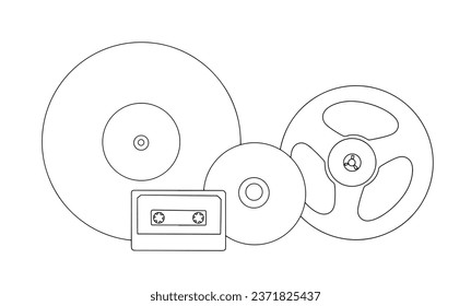 Audio media. Vinyl record, compact disc, cassette and reel. World Day for Audiovisual Heritage. One line drawing for different uses. Vector illustration.