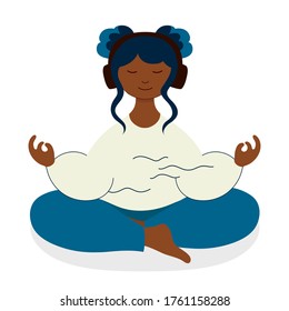 Audio meditation of teenager girl - isolated vector illustration. Young woman meditates in lotus pose and listens music in headphones. Concept of self care, wellness, mindfulness and balance