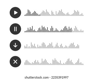 Iconos de mensajes de audio. Elementos de chat de voz con reproducción, pausa, descarga, botones cruzados y ondas de voz. Messenger, radio, podcast interfaz de aplicación móvil. Ilustración gráfica del vector