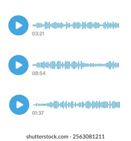 Audio message icons with waveforms and playback duration. Blue playback buttons and audio visualization on white background, minimalistic design.