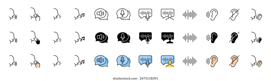 Audio message set icons. Message bubble icons. Linear, silhouette and flat styles. Vector icons.