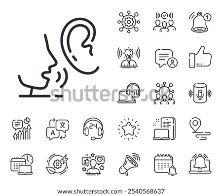 Audio message sign. Place location, technology and smart speaker outline icons. Whisper line icon. Hearing symbol. Whisper line sign. Influencer, brand ambassador icon. Support, online offer. Vector