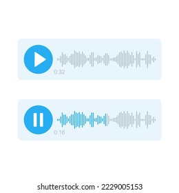 Mensaje de audio con ondas de sonido e icono de reproducción en chats y mensajeros. Mensajería de voz, medios sociales. Grabación de mensajes, notificación de voz. Icono de burbuja de voz. Comunicación digital. Vector