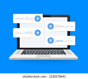 Audio message, voice message on laptop screen. Vector stock illustration.