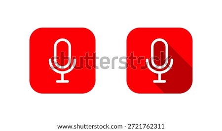 Audio mic outline icon with long shadow. Voice recording symbol. Microphone sign in red square