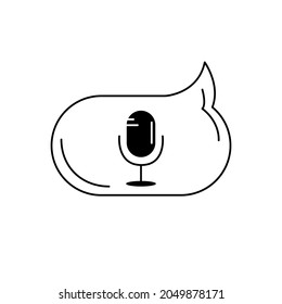 Icono de micrófono de audio en burbuja de voz. Símbolo del concepto de enviar un mensaje de voz. Signo de grabación de diseño de podcast o traductor. Sencillo logotipo negro plano en blanco. Ilustración aislada del vector