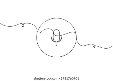 Icono de audio y micrófono dentro de la insignia circular Dibujo continuo de una línea sobre fondo blanco Grabación de audio minimalista Podcast y Ilustración vectorial de contorno de símbolos de voz