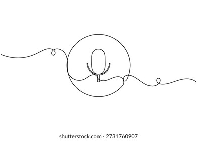 Icono de audio y micrófono dentro de la insignia circular Dibujo continuo de una línea sobre fondo blanco Grabación de audio minimalista Podcast y Ilustración vectorial de contorno de símbolos de voz
