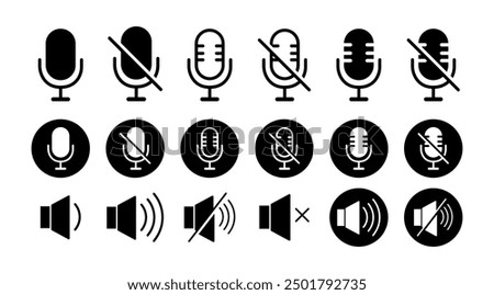 Audio Microphone and speaker button icon set, Mute Vector Icons, Volumn, Play, Sound symbol for Podcast, Broadcast and recording graphic elements, illustration, Vector stock