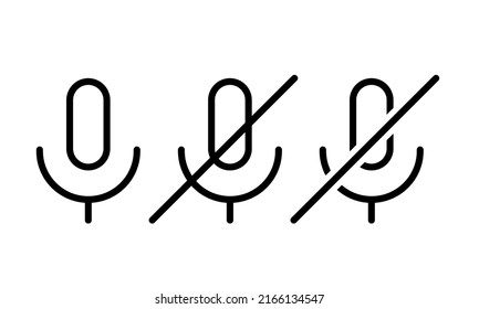 Audio microphone vector outline icons set in black. Record mic concept. ON OFF mic thin line. Mute microphone. Isolated symbol flat illustration for: sign, app, graphic, design, web, ui, ux. EPS 10.