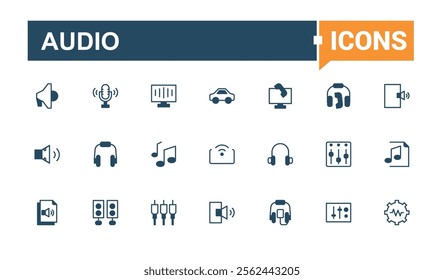 Audio minimal icon set. Contains related to soundwave, music, headphones, wave, mixer, speaker and more. Outline symbol collection. Solid line editable vector illustration.