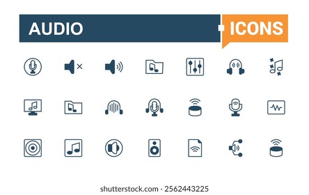 Audio minimal icon set. Contains related to soundwave, music, headphones, wave, mixer, speaker and more. Outline symbol collection. Solid line editable vector illustration.