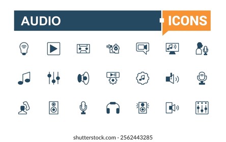 Audio minimal icon set. Contains related to soundwave, music, headphones, wave, mixer, speaker and more. Outline symbol collection. Solid line editable vector illustration.