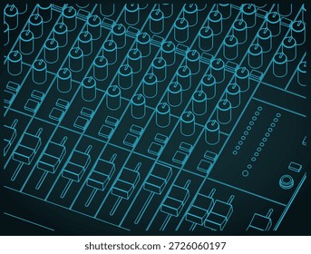 Audiomischer, Nahaufnahme, stilisierte isometrische Blaupause, Vektorgrafik