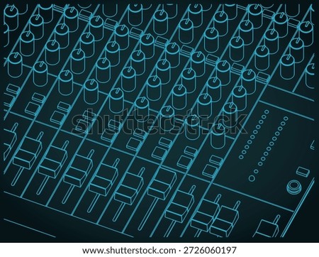 Audio mixer close-up stylized isometric blueprint vector illustration