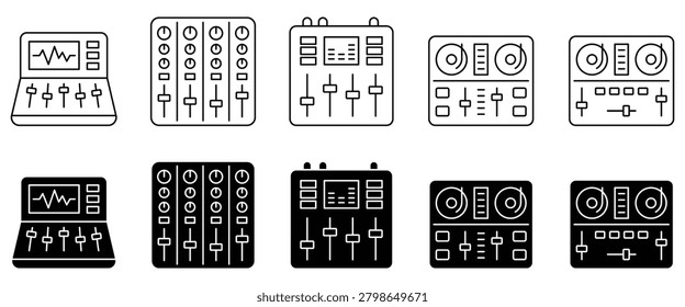 Audio mixer console icon set, music sound board controller line and silhouette glyph styles, DJ turntable mixing panel vector illustrations.