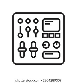 Audio mixer console outline icon. DJ sound controller panel vector illustration with sliders and knobs isolated on white background.