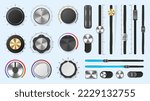 Audio mixer dials. Volume adjustment levels metal knobs and slider regulators, round and line amplify controllers vector set. Music or sound control bar, electronic technology buttons